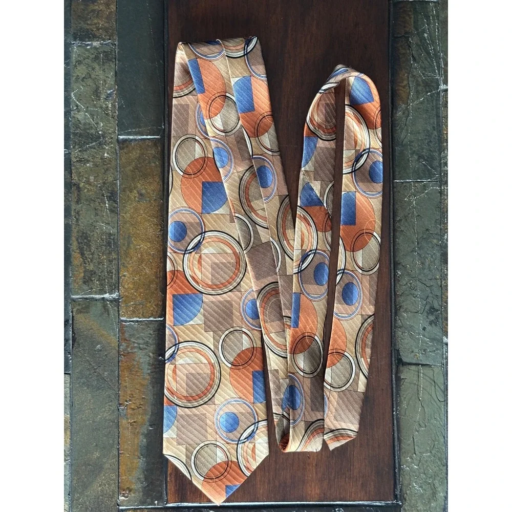 TWO Arrow & Meeting Street Vintage Silk Neckties Tan Brown Blue geometric circle